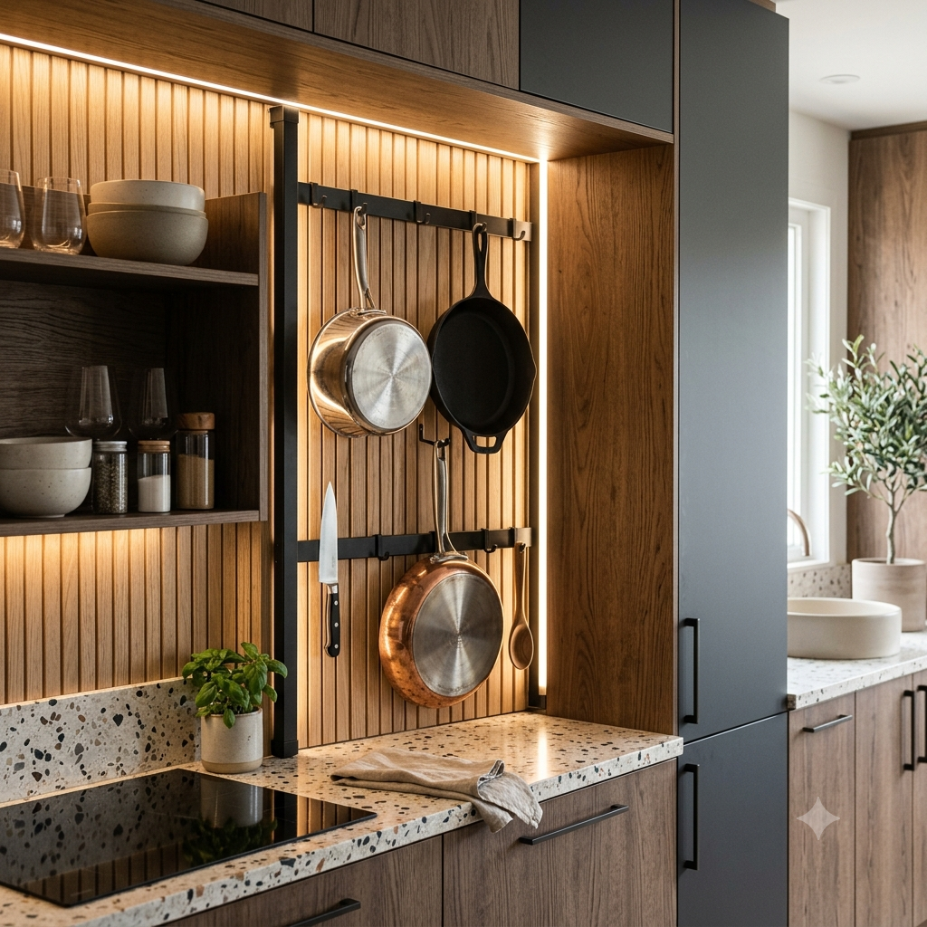 Kitchen storage rail for vertical cookware organization, a wall-mounted tension system where every utensil, pot and pan hangs from an anchored rail -- converting wasted kitchen wall areas into immediately accessible organized storage without cabinet intrusion